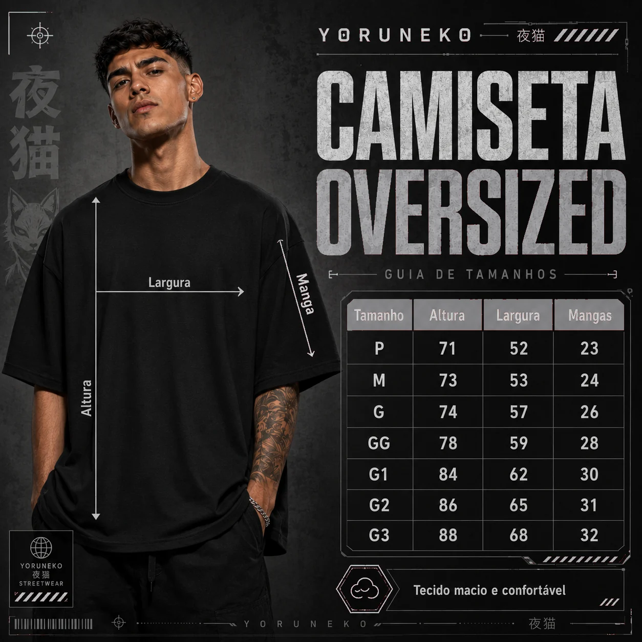 Guia de medidas camiseta oversized Yoruneko
