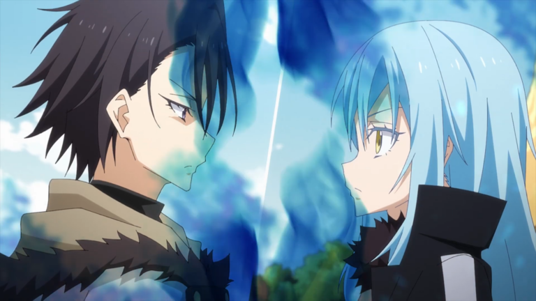 Cena de That Time I Got Reincarnated as a Slime com dois personagens frente a frente em clima de tensão.