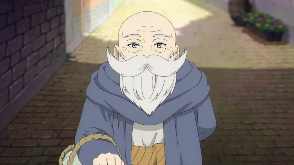 Um personagem idoso aparece em primeiro plano, em uma cena de Frieren (episódio 1).