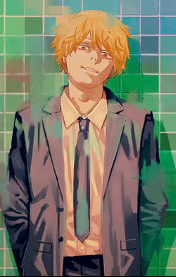 Denji com expressão cansada e uniforme social.