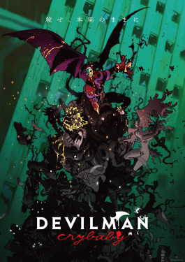 Key visual de DEVILMAN crybaby com clima neon e demônios em composição caótica