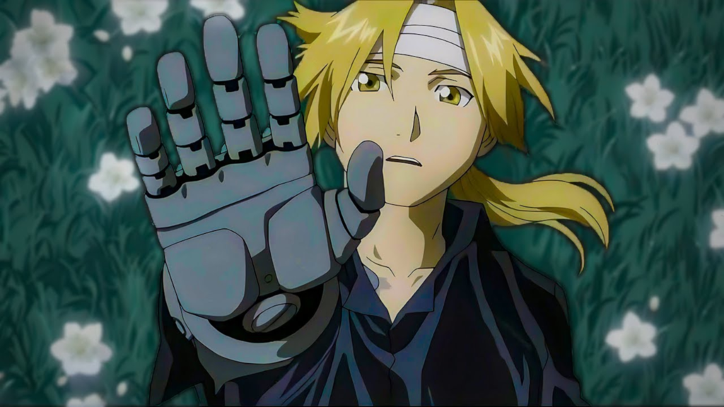Edward Elric deitado na grama com a mão metálica em Fullmetal Alchemist: Brotherhood