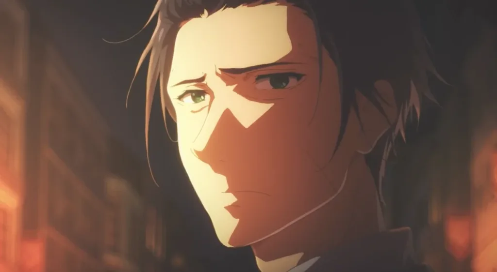 Close de um personagem em iluminação quente, em Violet Evergarden (episódio 1).