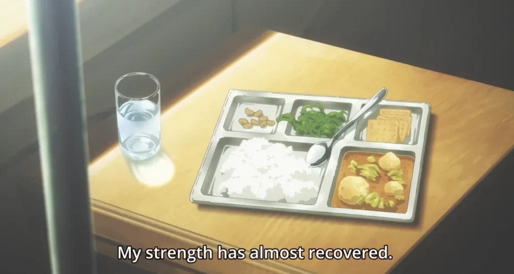 Uma mesa com itens e enquadramento calmo, em Violet Evergarden (episódio 1).