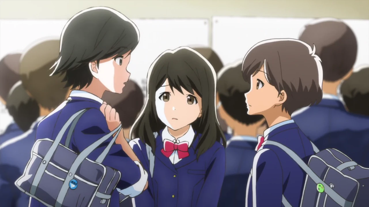 Cena de Tsuki ga Kirei mostrando dois estudantes em um momento cotidiano