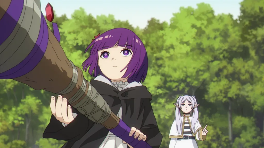 Uma garota aponta um canhão/magia para um alvo distante, enquanto Frieren observa, em cena do episódio 1.
