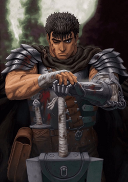 Ilustração de Guts com armadura e espada.