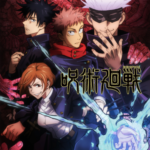 Pôster de Jujutsu Kaisen com personagens principais em pose de combate.
