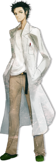 Rintaro Okabe usando jaleco branco.