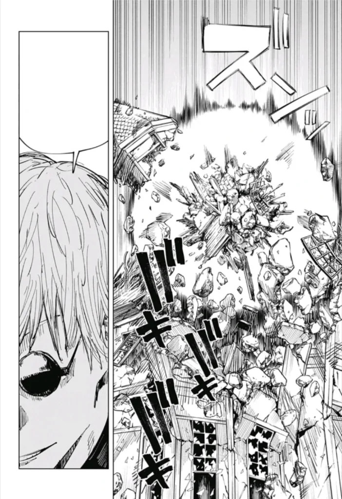 Gojo usando Blue em uma cena de destruição
