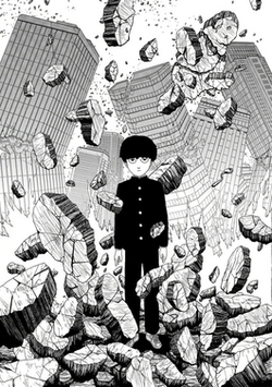 Shigeo Kageyama cercado de destroços ao redor.