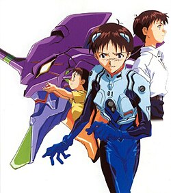 Shinji Ikari em destaque com o EVA ao fundo.