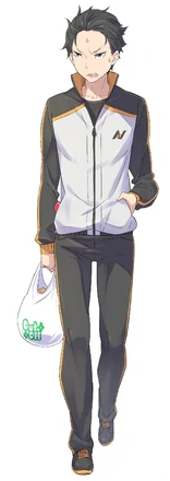 Subaru Natsuki em pé, usando jaqueta esportiva.