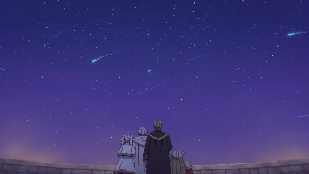 A party de heróis observando um céu estrelado em Frieren (episódio 1).