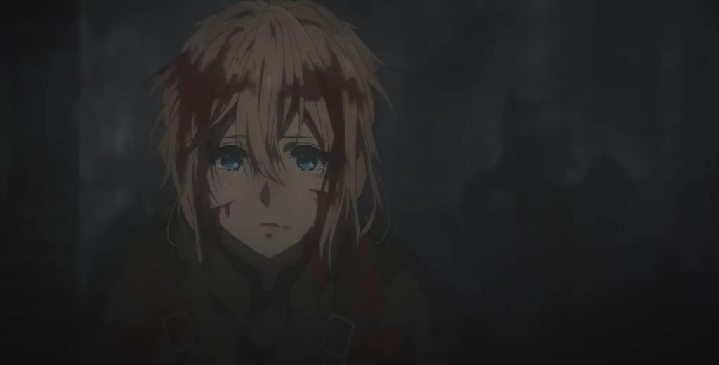 Violet com lágrimas nos olhos, em uma cena do anime.