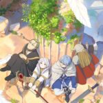 Frieren, Fern, Stark e Heiter em uma ilustração oficial do anime, sentados em um penhasco.