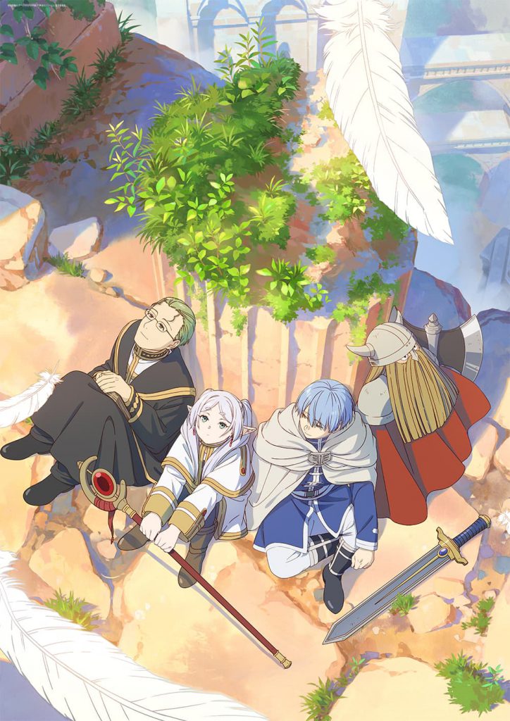 Frieren, Fern, Stark e Heiter em uma ilustração oficial do anime, sentados em um penhasco.