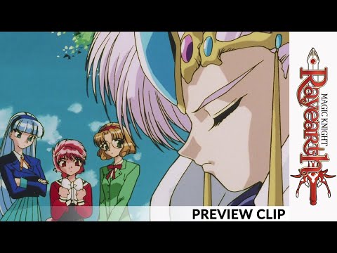 Cena do trailer de Magic Knight Rayearth com trio de garotas em fantasia