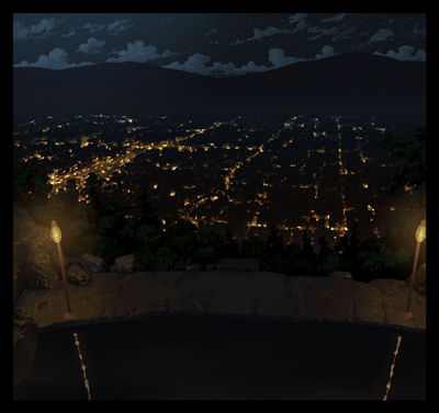 Paisagem noturna de uma cidade iluminada vista de cima, com céu escuro ao fundo.