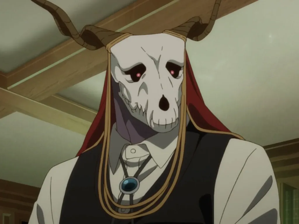 Elias Ainsworth com cabeça de caveira e terno em The Ancient Magus’ Bride