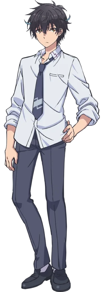 Yogiri Takatou em pé com uniforme escolar, expressão neutra