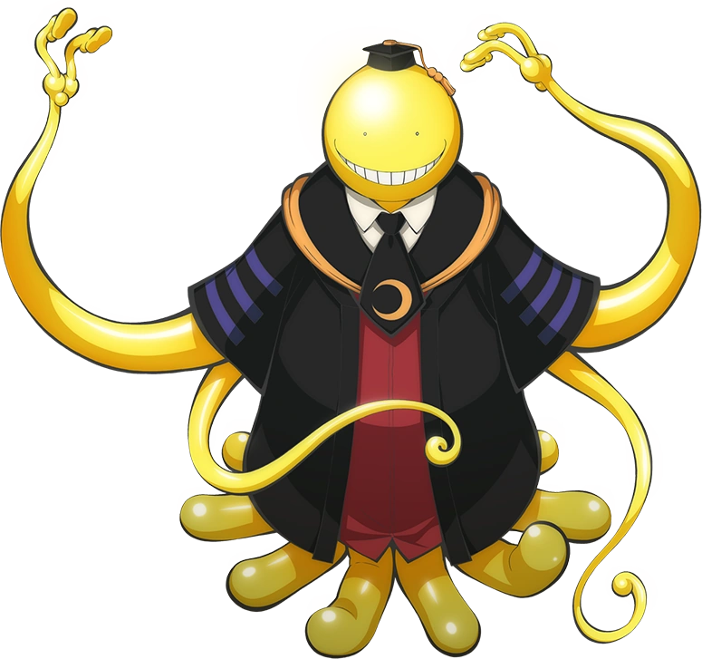 Koro-sensei, criatura amarela sorridente de terno acadêmico