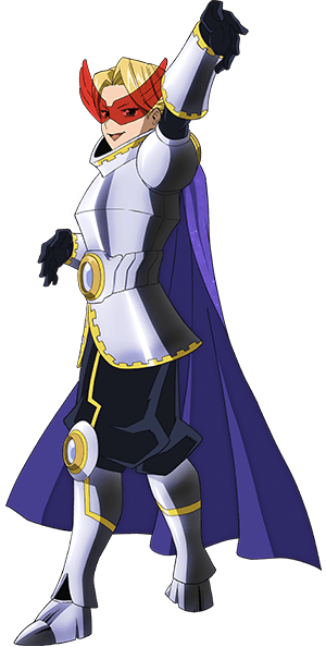 Yuga Aoyama em seu traje de herói apontando o braço para frente