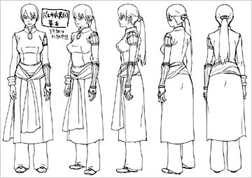 Model sheet da personagem Balsa com vistas frontal, lateral e traseira (arte de referência).