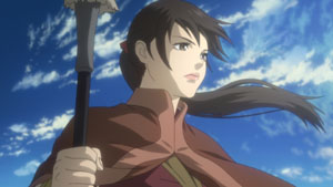 Balsa segurando sua lança olhando para o horizonte sob um céu azul.