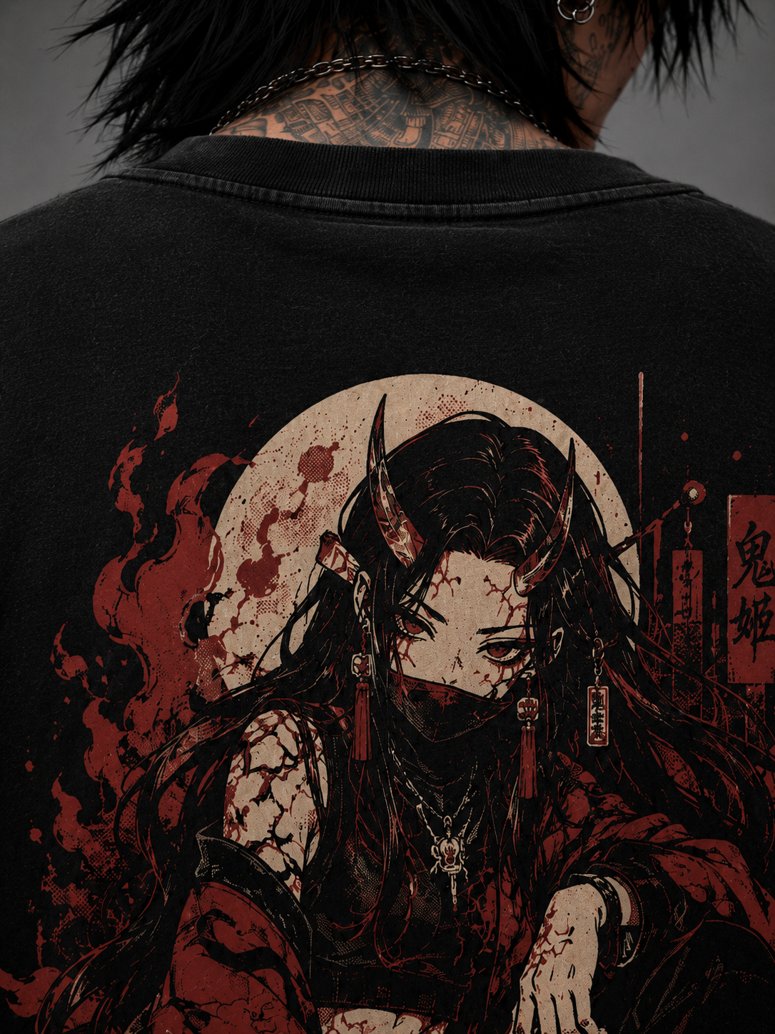 Prévia de camiseta oversized Yoruneko anime dark
