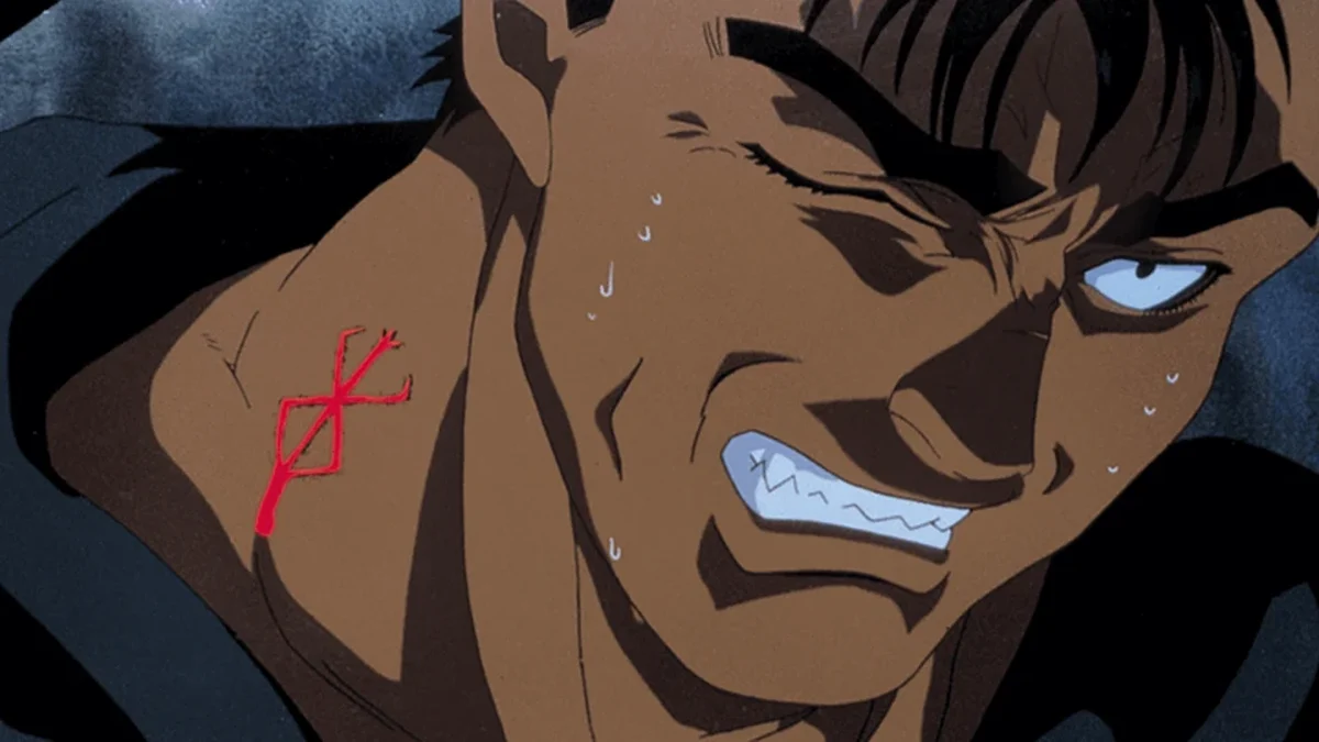 A Marca do Sacrifício sangrando no pescoço de Guts