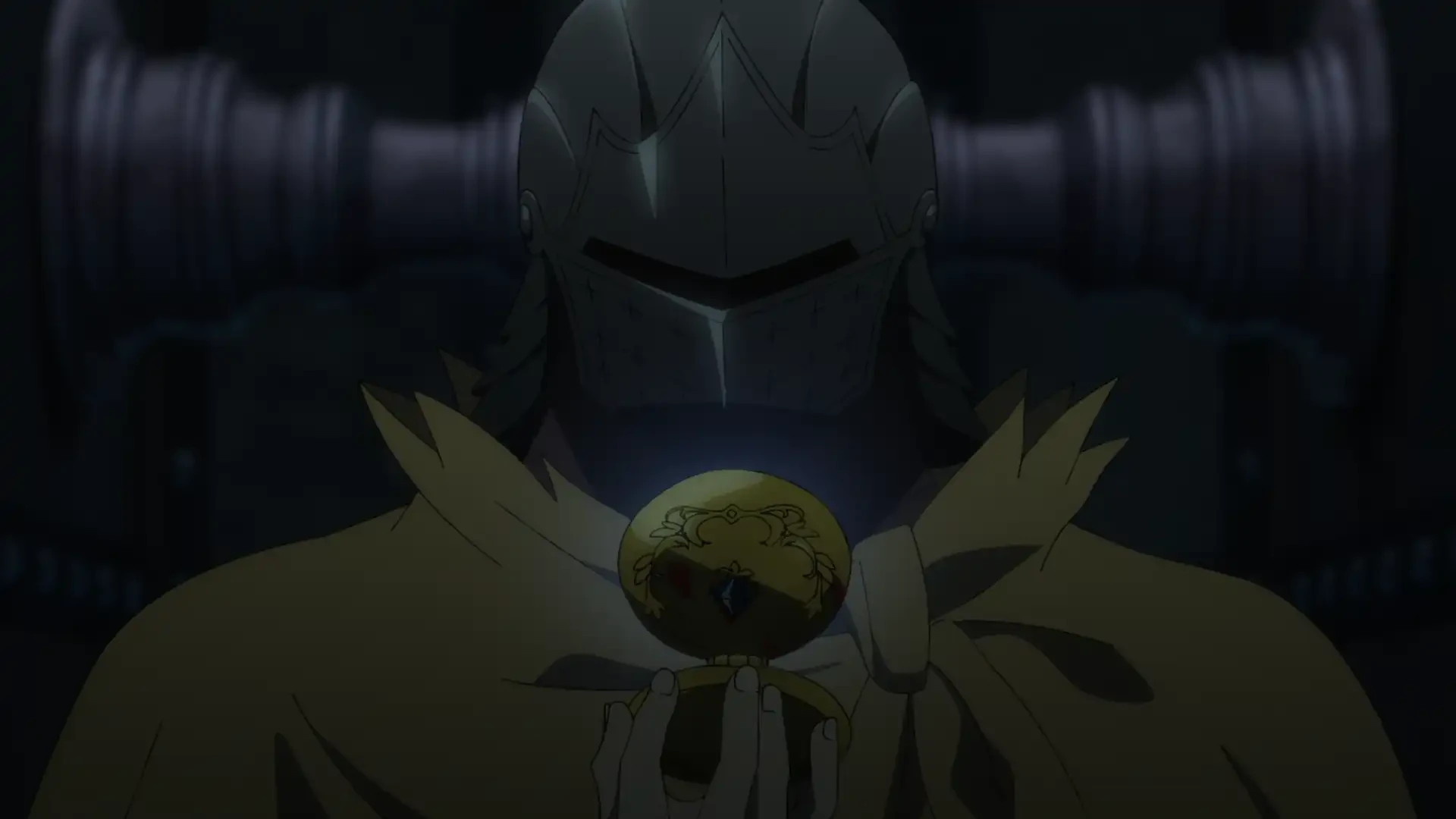 Aldebaran com capacete segurando um espelho de comunicação em Re:Zero