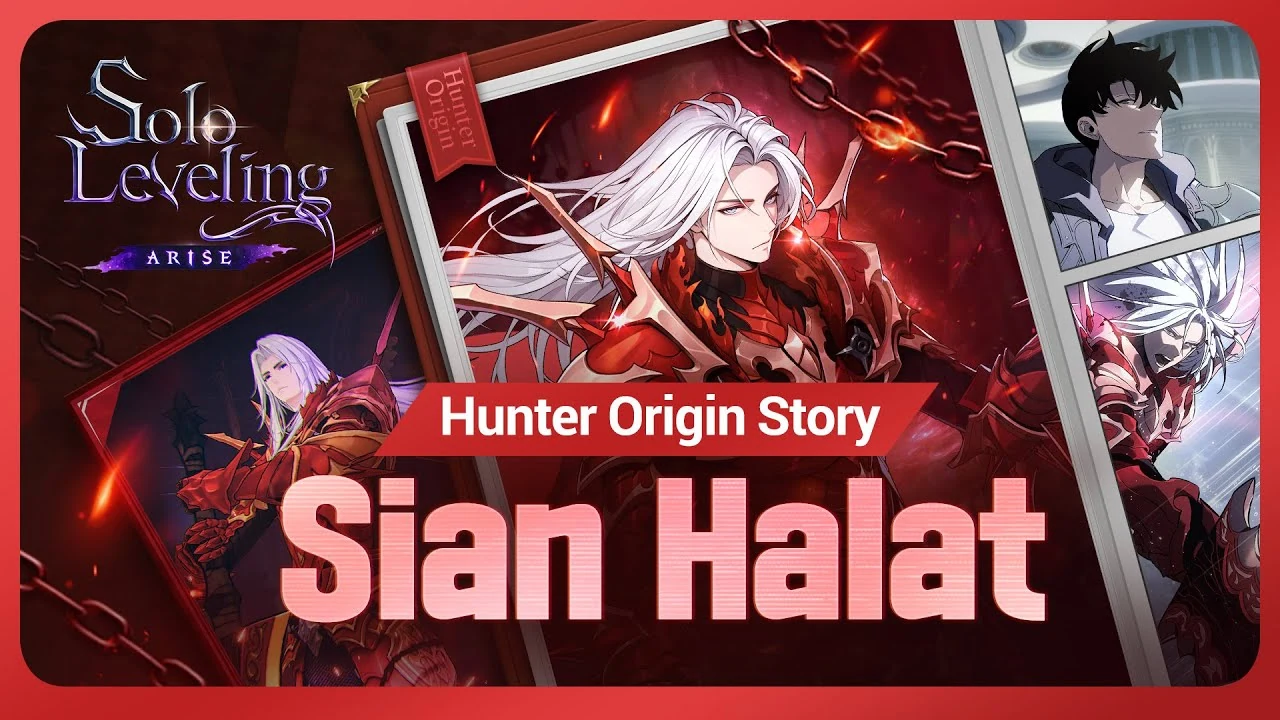 Arte oficial apresentando a história de origem de Sian Halat em Solo Leveling ARISE