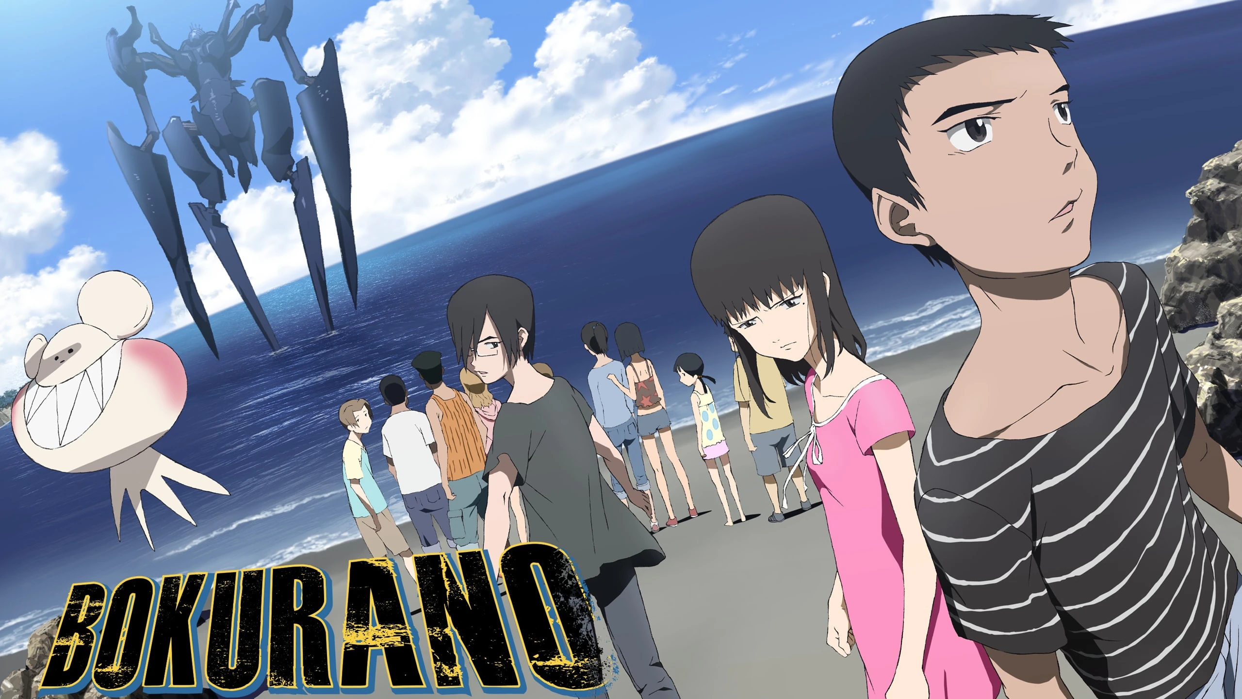 As crianças de Bokurano na praia com o robô Zearth ao fundo