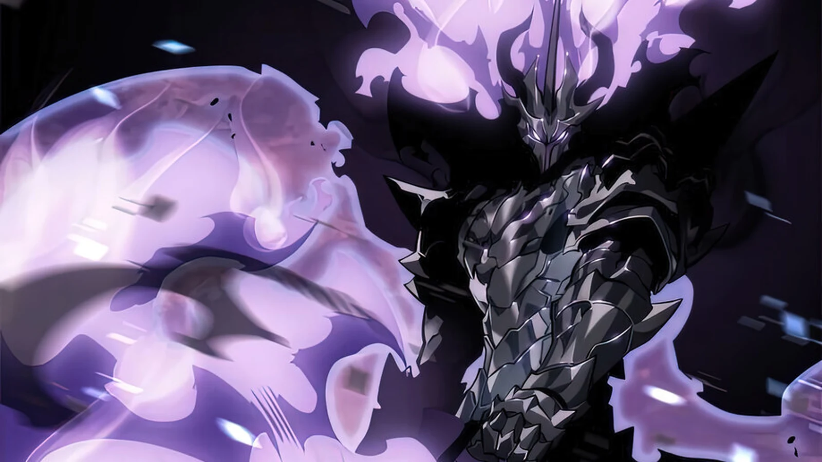 Ashborn com sua armadura negra e energia roxa em Solo Leveling