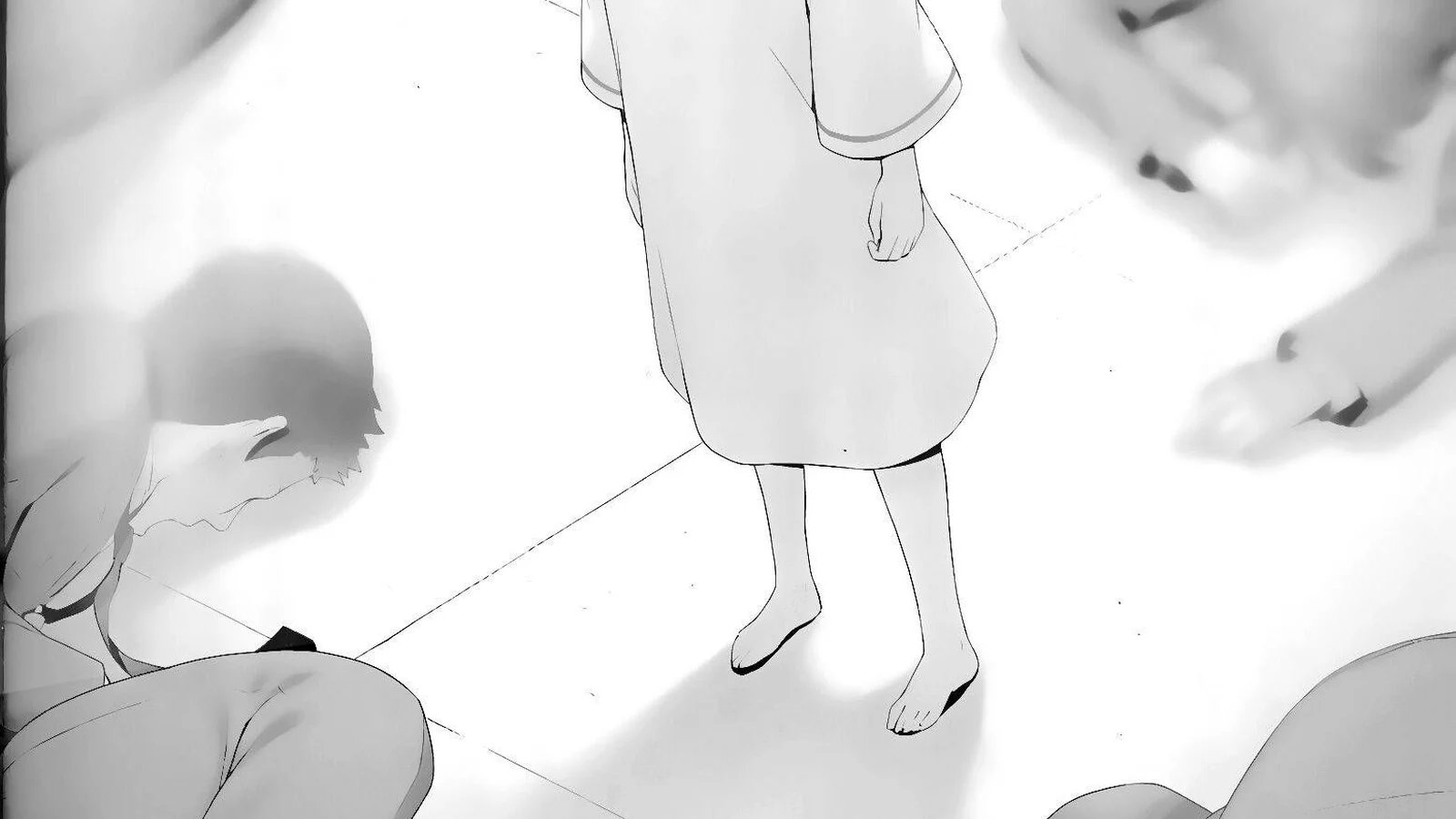 Ayanokoji criança em um ambiente branco da White Room, cercado por figuras caídas ou sentadas; ilustração monocromática da light novel.
