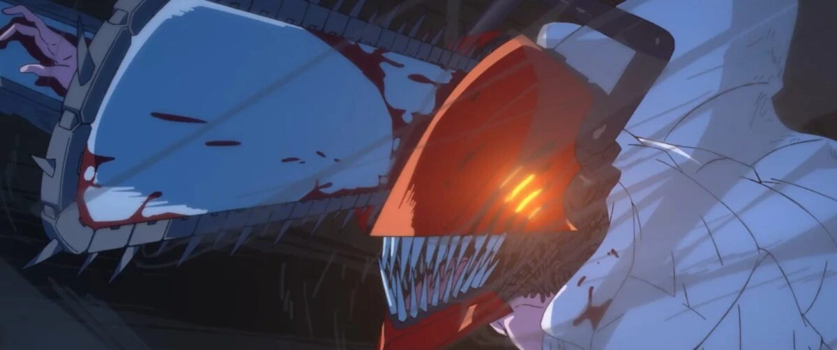 Chainsaw Man em forma híbrida durante uma batalha