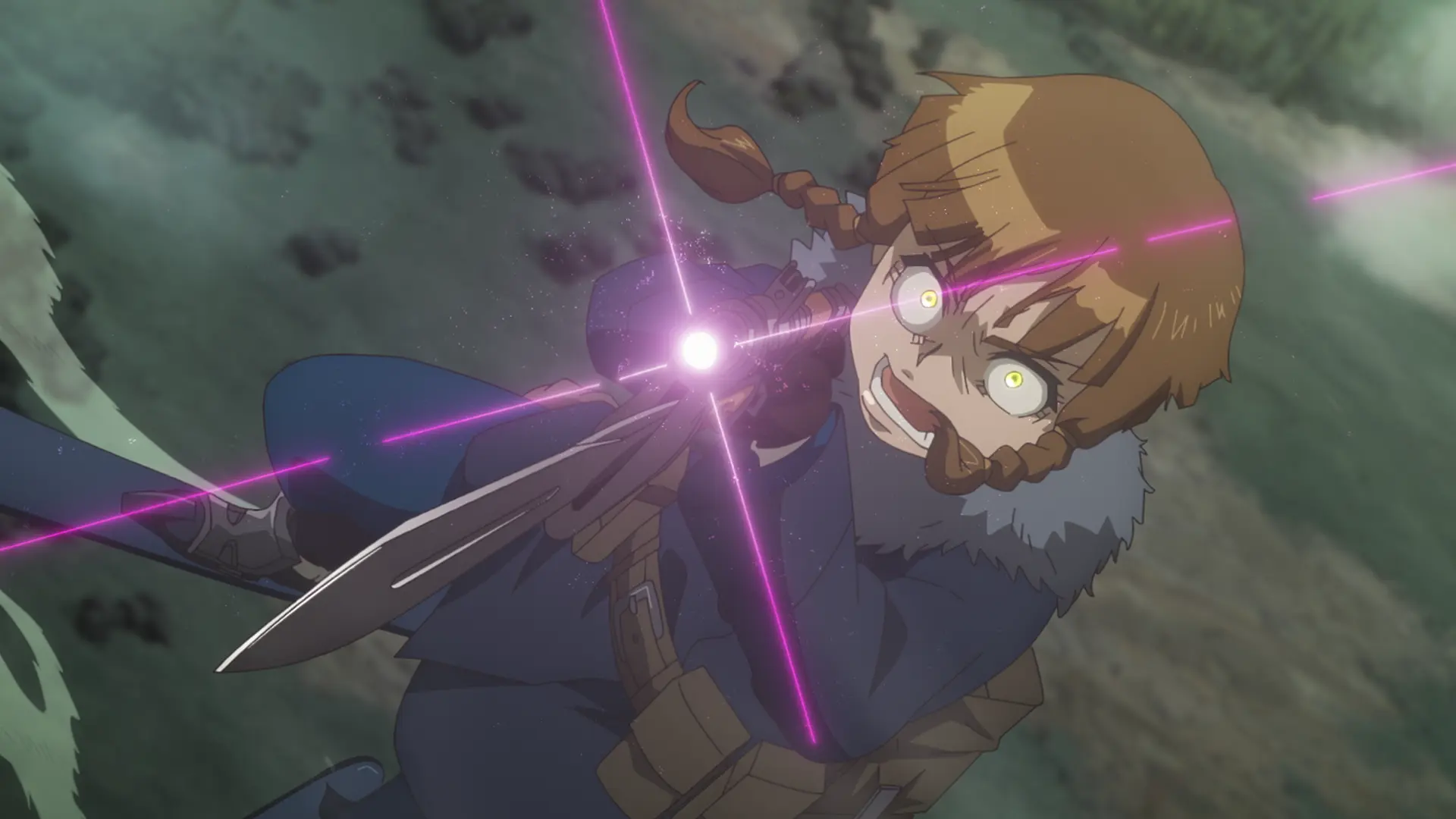 Combatente com tranças sob fogo inimigo na prévia do episódio 6 de Youjo Senki II