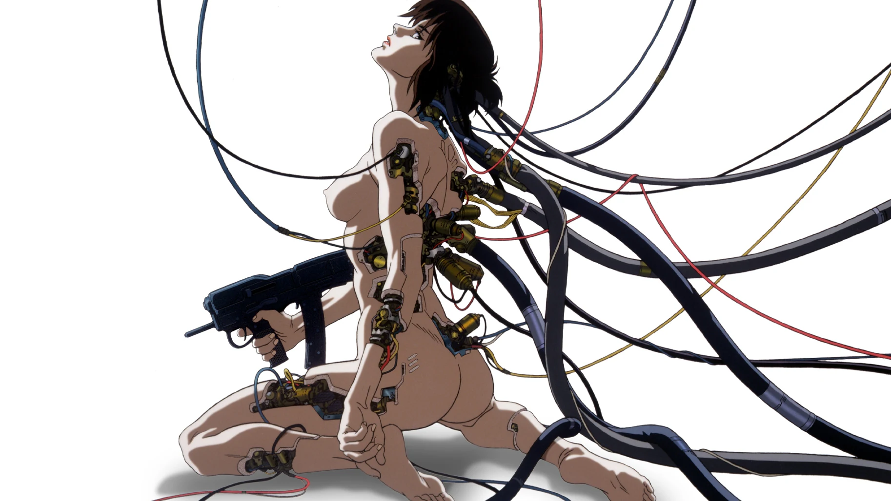 Corpo cibernético de Motoko Kusanagi conectado por cabos no filme Ghost in the Shell de 1995