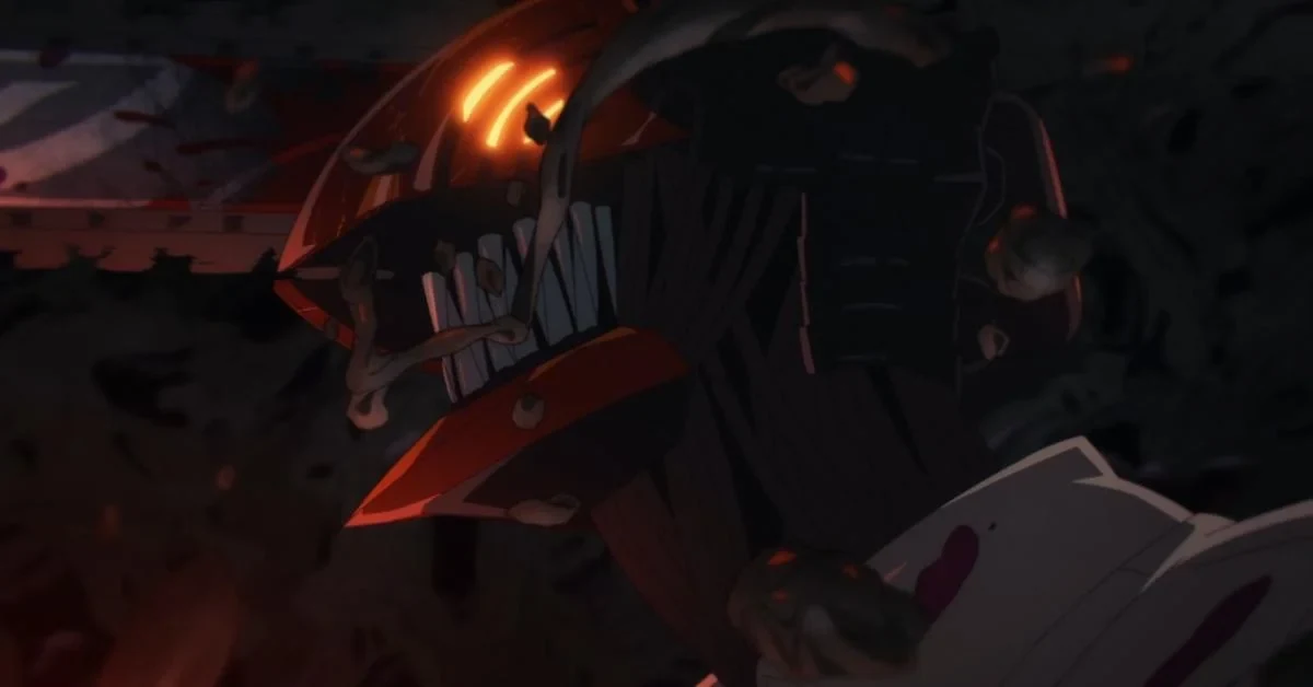 Denji transformado em Chainsaw Man durante a luta contra o Demônio da Eternidade