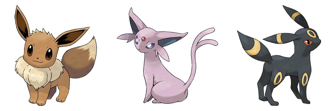 Eevee ao lado de Espeon e Umbreon em artes oficiais de Pokémon