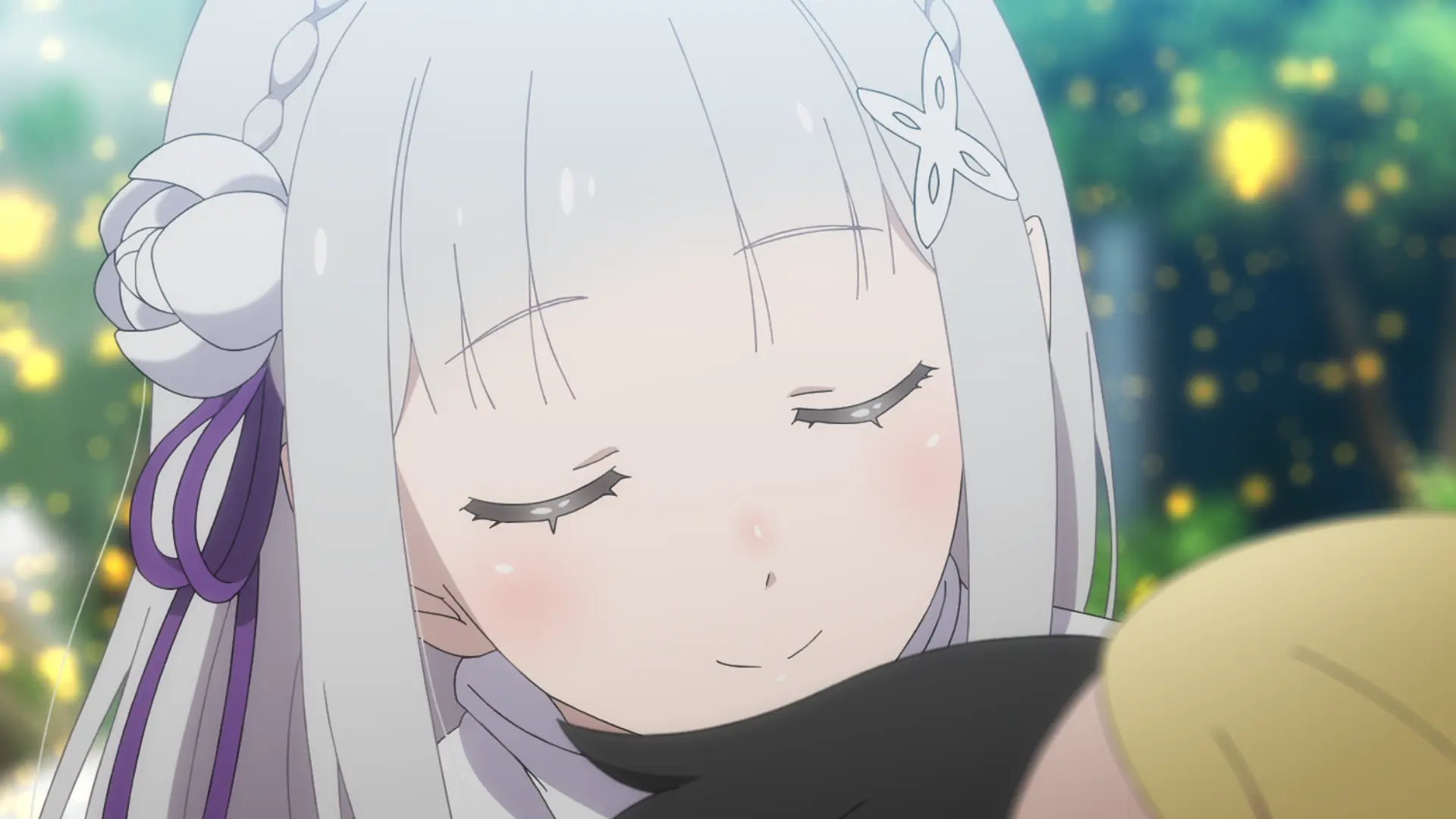 Emilia abraça Subaru em uma das cenas oficiais do episódio 78 de Re:Zero