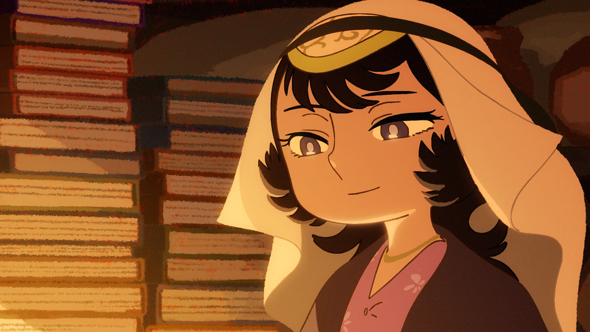 Fatima diante de estantes de livros na casa de estudiosos em Jaadugar