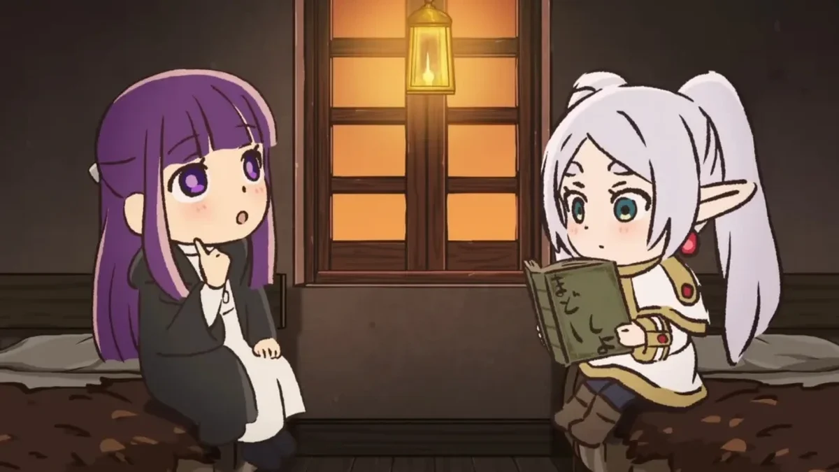 Frieren e Fern consultando o grimório antes de testar em Stark a magia de cheiro agradável