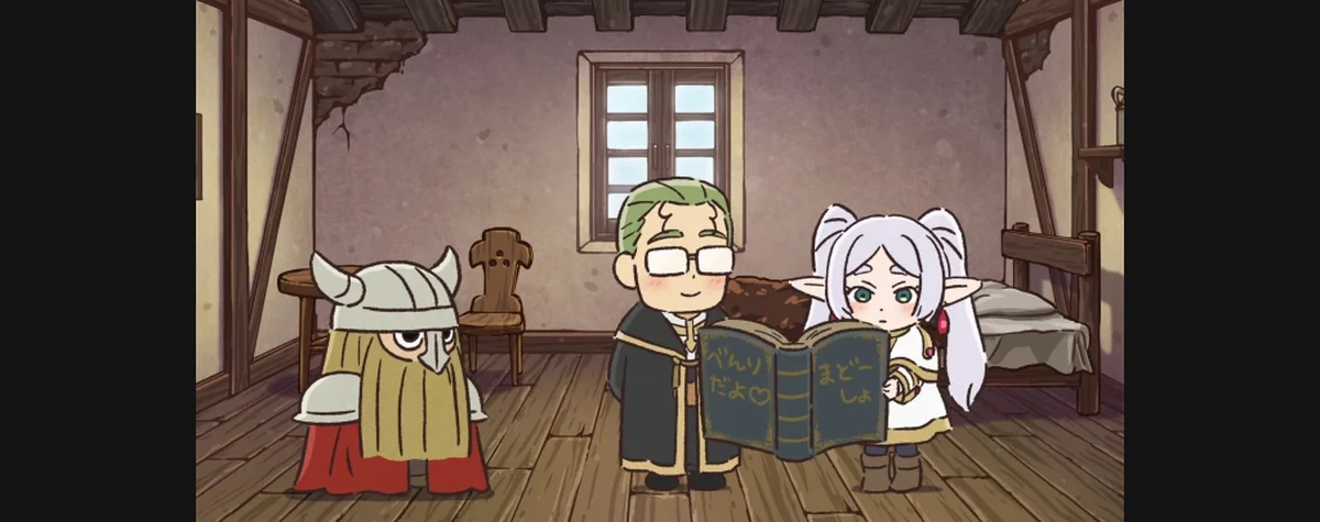 Frieren e Heiter consultando o grimório no mini-anime sobre compreender os sentimentos dos peixes