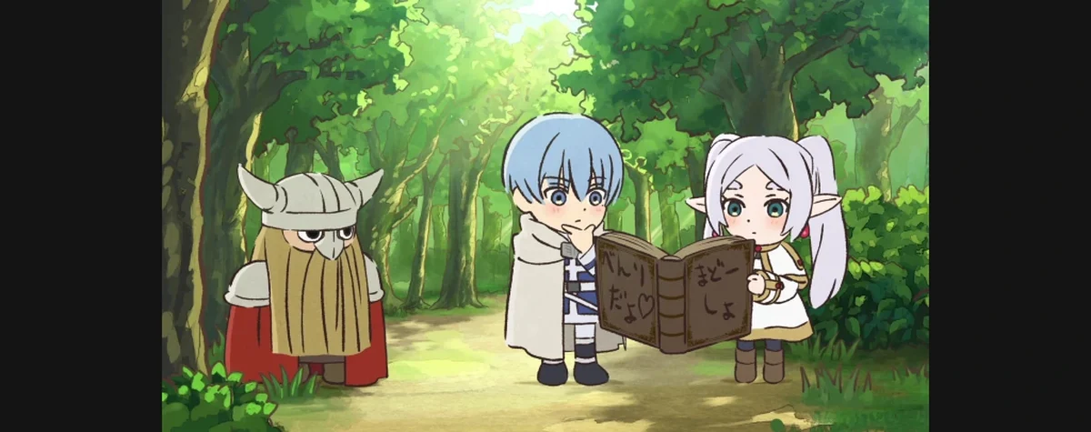 Frieren, Fern e Heiter em outra cena do mini-anime usada como referência visual do formato