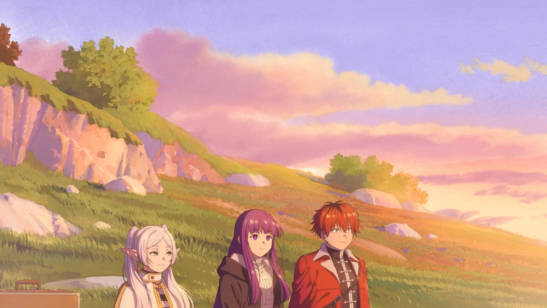 Frieren, Fern e Stark aparecem juntos em uma paisagem tranquila