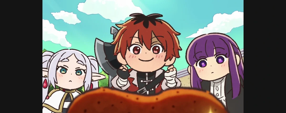 Frieren, Fern e Stark diante de uma panela em cena da magia que remove gordura difícil
