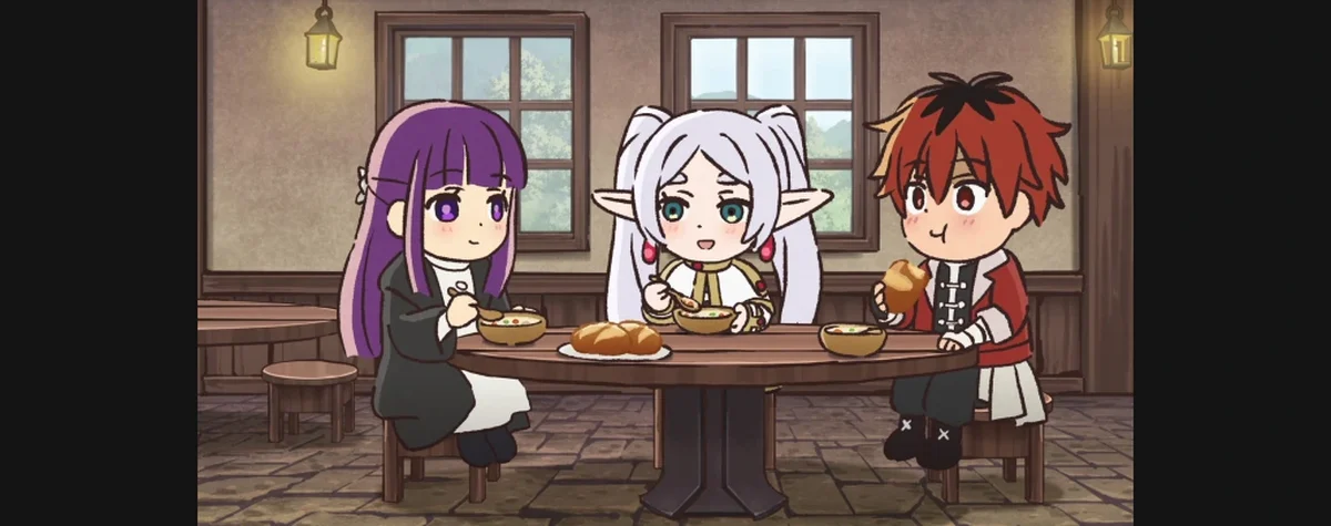 Frieren, Fern e Stark em cena do mini-anime da magia que aumenta a altura