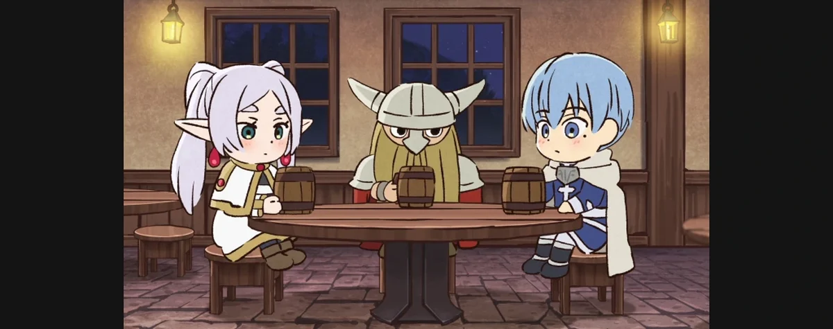 Frieren, Heiter e Himmel em cena do mini-anime sobre remover o álcool da bebida